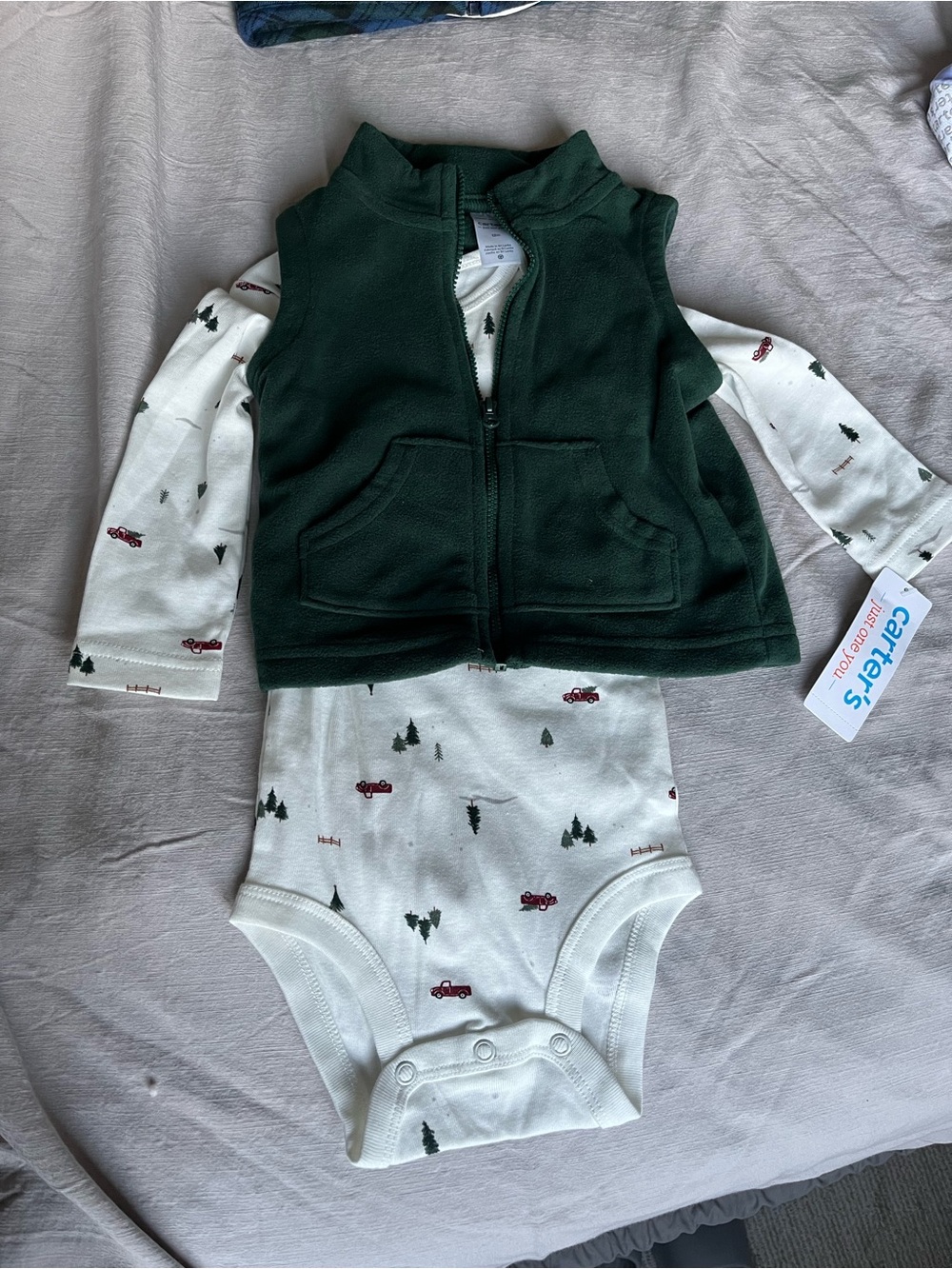 Carter's Dark Green Fleece Vest with White Holiday Onesie